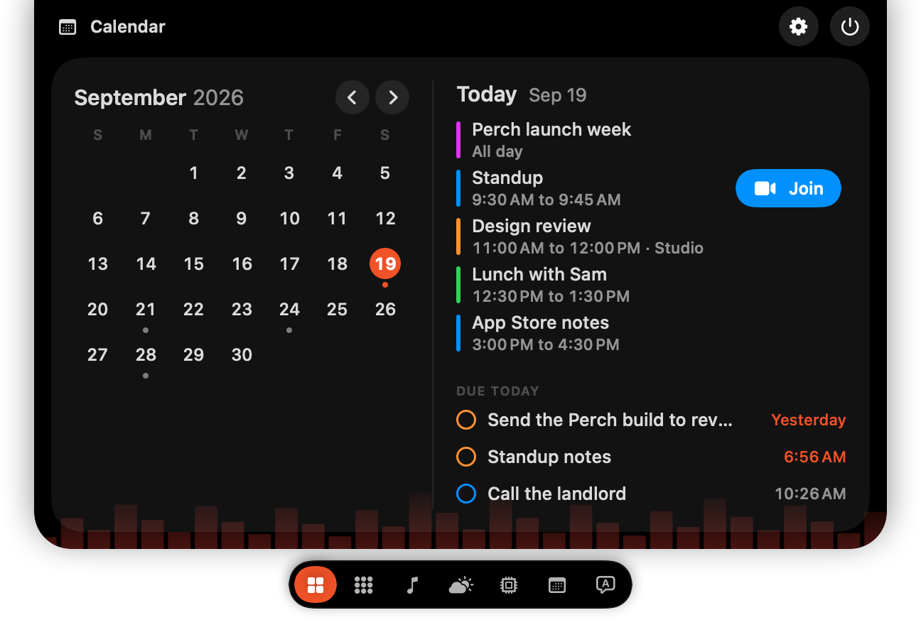 The calendar section with a month grid on the left and the day's agenda on the right.
