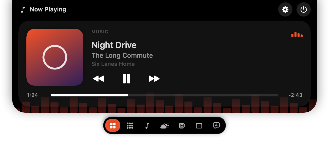 The now playing section with album art, track details and transport controls.