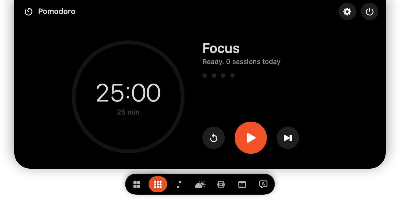The Pomodoro section with a 25 minute focus timer ready to start.