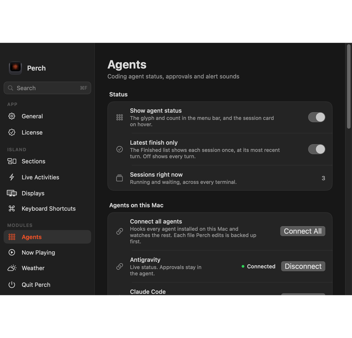 The Agents pane in Settings, with a Connect All button and each agent listed with its status.