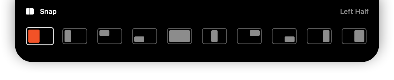 A row of window layout tiles under the notch: halves, thirds, quarters and maximise.
