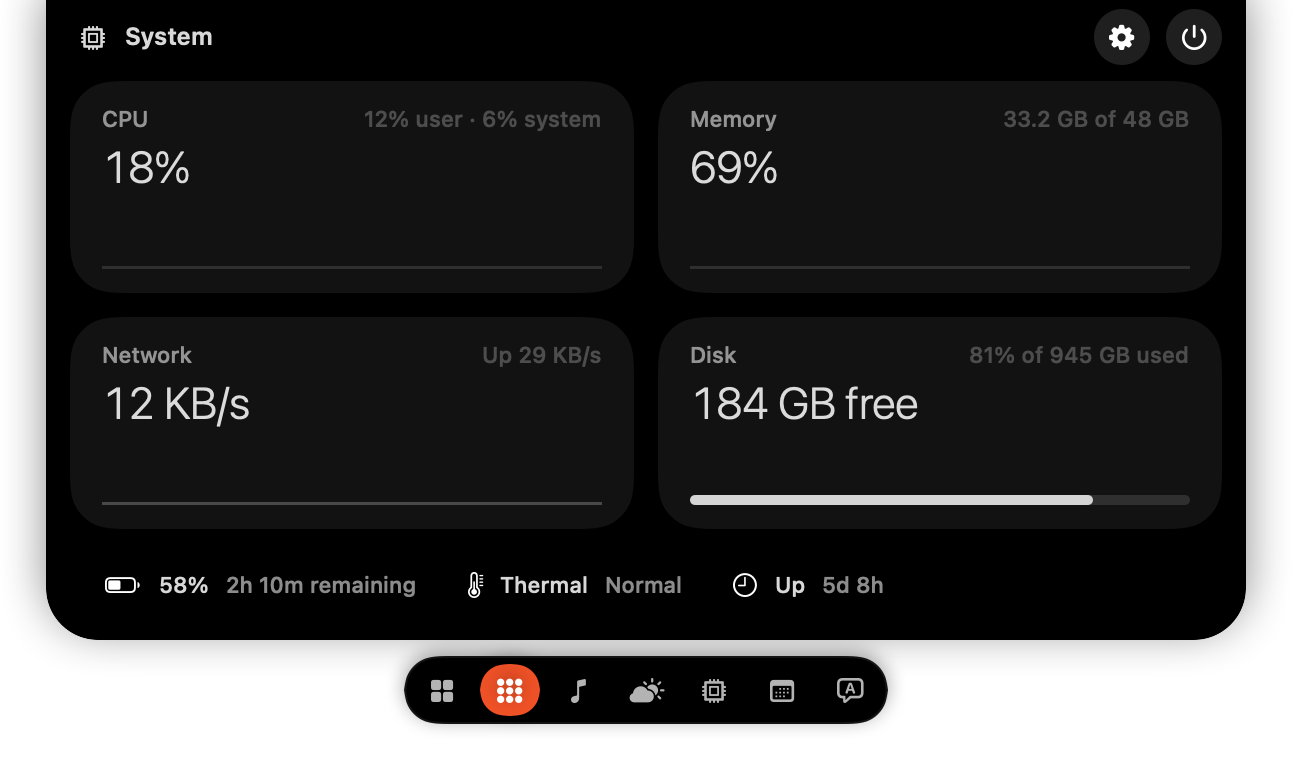 The System section showing CPU, memory, network and disk with battery and uptime beneath.